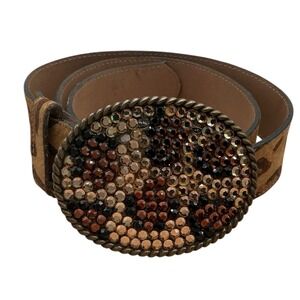 Cache Leopard Print Calf Hair Belt Women S Brown Crystal Buckle Made in USA 1415